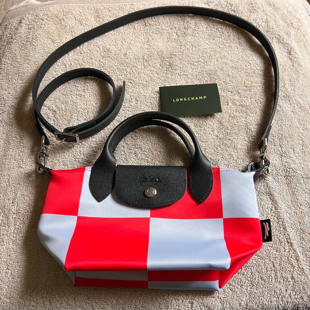 NEVER USED!! READY LONGCHAMP LE PLIAGE CHECK BOARD BLUE/RED PRINT MINI CROSSBODY